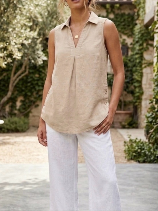 Sharagano Tops - Sharagano Sleeveless Collared Tank Top in Beige (55% Linen,45% Rayon)